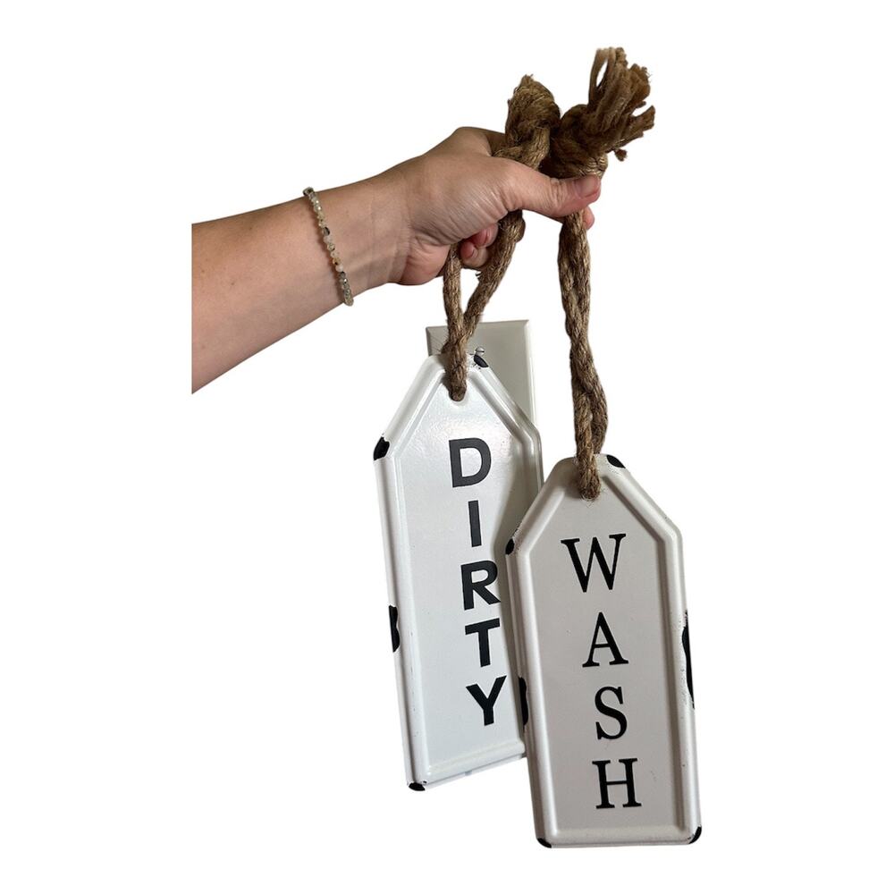 Set/2 Enamelware Laundry tags Large double sided country farmhouse modern white